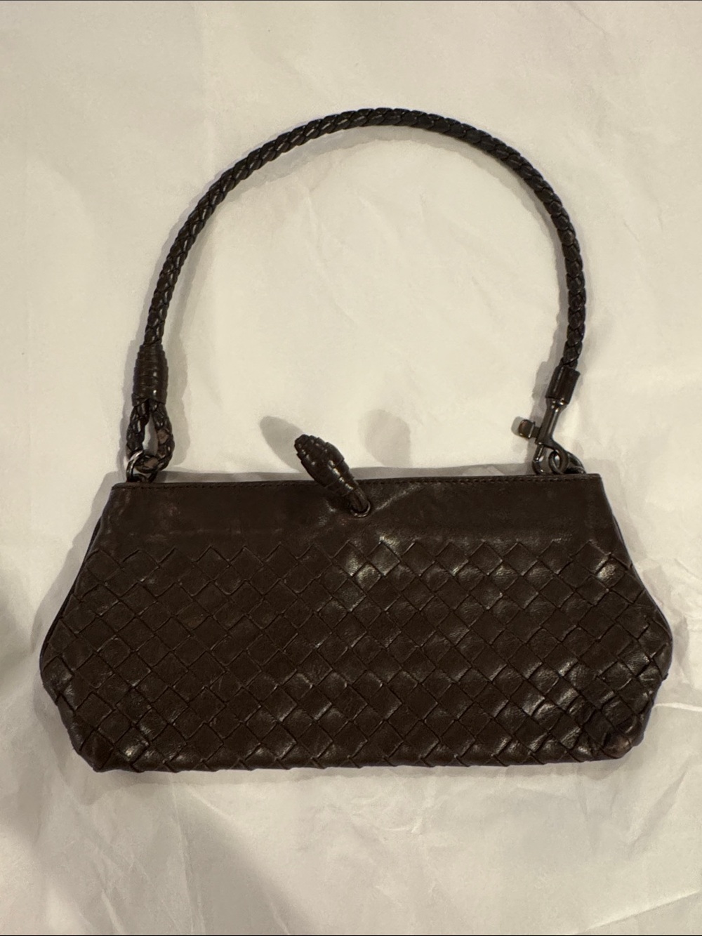 Bottega Veneta Dark Brown Intrecciato Woven Clutch with Braided Handle